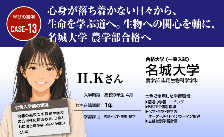 心身が落ち着かない日々から、生命を学ぶ道へ。生物への関心を軸に、名城大学 農学部合格へ。